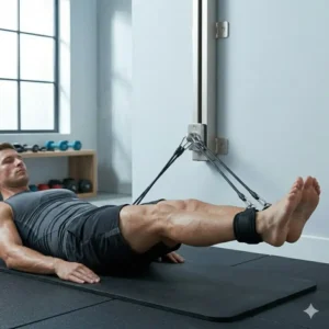 A person lying on a mat performing leg curls using the bottom attachment of a resistance band station.