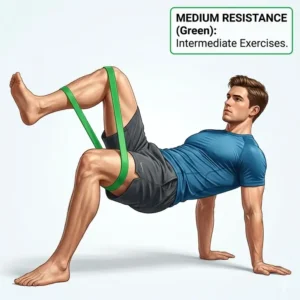 An athlete performing a glute bridge with a medium-tension band to demonstrate varied exercise band resistance levels.
