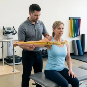 A focused physical therapy scene in a clinic, identical in style and lighting to the gym, a male physical therapist guides a seated female patient through a shoulder rehabilitation exercise. She grips a Theraband Gold heavy-duty resistance band, identical to the one in other images, which is stretched taut under moderate tension. Softly blurred in the background are other PT equipment.