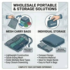 Portable mesh carry bags and individual storage solutions provided with wholesale exercise bands orders.