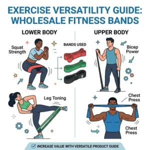 Educational graphic demonstrating the exercise versatility of wholesale fitness bands for upper and lower body workouts.