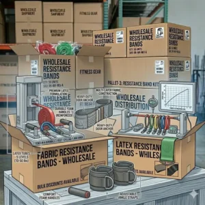 Detailed view of handles, anchors, and straps included in resistance bands wholesale product kits.