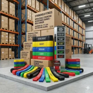 Large bulk inventory of wholesale exercise resistance bands stocked in a distribution warehouse.