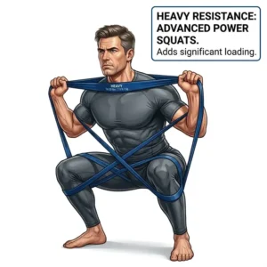 A fitness enthusiast using a heavy-duty band to add weight to a squat, utilizing the heavy exercise band resistance levels.