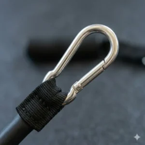 Detail shot of a heavy-duty stainless steel carabiner clip attached to a rubber resistance tubing end