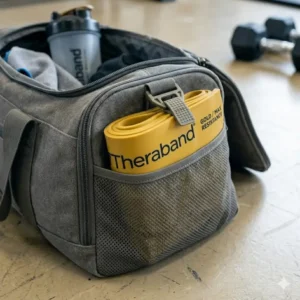 A focused close-up photograph of a meticulously folded Theraband Gold resistance band, identical to the product in other images, tucked into the mesh pocket of a durable grey canvas gym bag. The distinctive black logos are sharply visible, demonstrating its compact design.