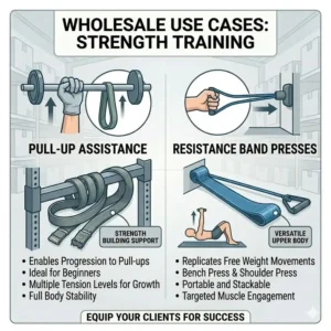 Demonstration of upper body strength training and pull-up assistance using heavy-duty wholesale exercise bands.