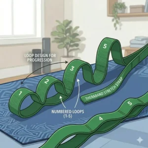 An illustration from above shows a green multi-loop theraband stretch strap unfurled on a patterned blue yoga mat, with numbers 1 through 5 on the loops and text labels highlighting features like 'numbered loops' and 'loop design for progression'.