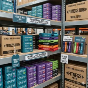 Rows of organized inventory boxes containing bulk wholesale resistance bands with logo ready for worldwide shipping