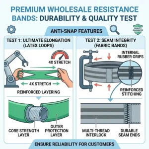 Quality assurance diagram showing the anti-snap and durability testing of wholesale fitness bands.