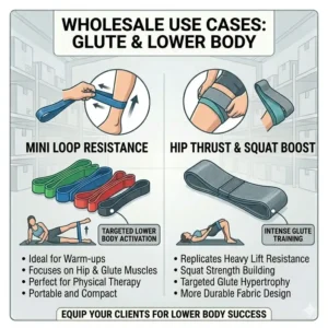 Specific use cases for glute and lower body workouts using mini-loop style wholesale exercise bands.