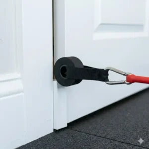An illustration demonstrating how to properly secure a rubber resistance tubing into a door frame using an anchor.
