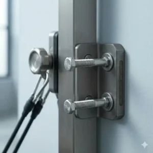 Durable steel mounting bolts and hardware securing a resistance band station to a structural wall.