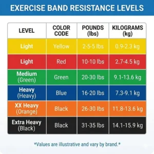 An informative chart that converts various exercise band resistance levels into approximate weight equivalents.