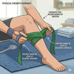 A detailed illustration on a patterned blue yoga mat shows physical therapy guidance, where a patient uses a green theraband stretch strap around their knee and leg while holding loops labeled for guided tension and assisted stretch.