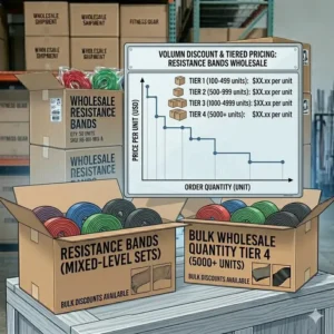 A clear infographic showing the tiered pricing structure for bulk resistance bands wholesale purchases.