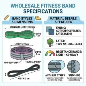 Technical specifications and dimensions of different styles of wholesale fitness bands for distributors.