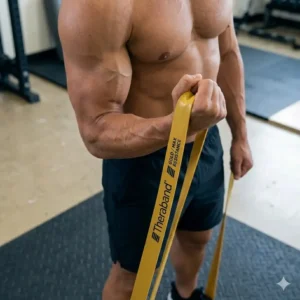 A focused close-up photograph of a muscular male athlete standing and performing a powerful bicep curl. He grips the distinct Theraband Gold heavy-duty resistance band, identical to the one in other images, which is stretched taut under significant tension, displaying the clearly legible logos. His contracted bicep and forearm muscles show clear definition and exertion.