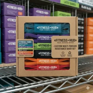 Sustainable cardboard packaging design for premium wholesale resistance bands with logo distribution.