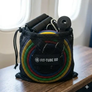 A portable black mesh carrying bag designed to store and transport a full rubber resistance tubing kit.