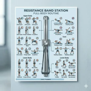 A comprehensive workout infographic guide displaying different exercises for a resistance band station.