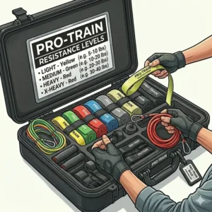 Lightweight bulk resistance bands rolled up and stored in a compact carrying case for travel-friendly fitness.