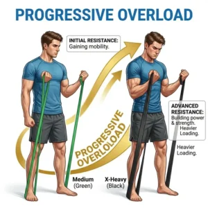 A two-part illustration showing a person increasing their workout intensity by increasing the exercise band resistance levels.