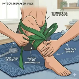 A detailed illustration focuses on the midsection and legs of a person on a patterned blue yoga mat, performing a lower back stretch with gentle rotation and assisted spinal decompression using a green theraband stretch strap.