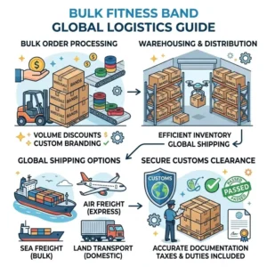 Infographic of the global logistics and shipping process for bulk wholesale fitness bands procurement.