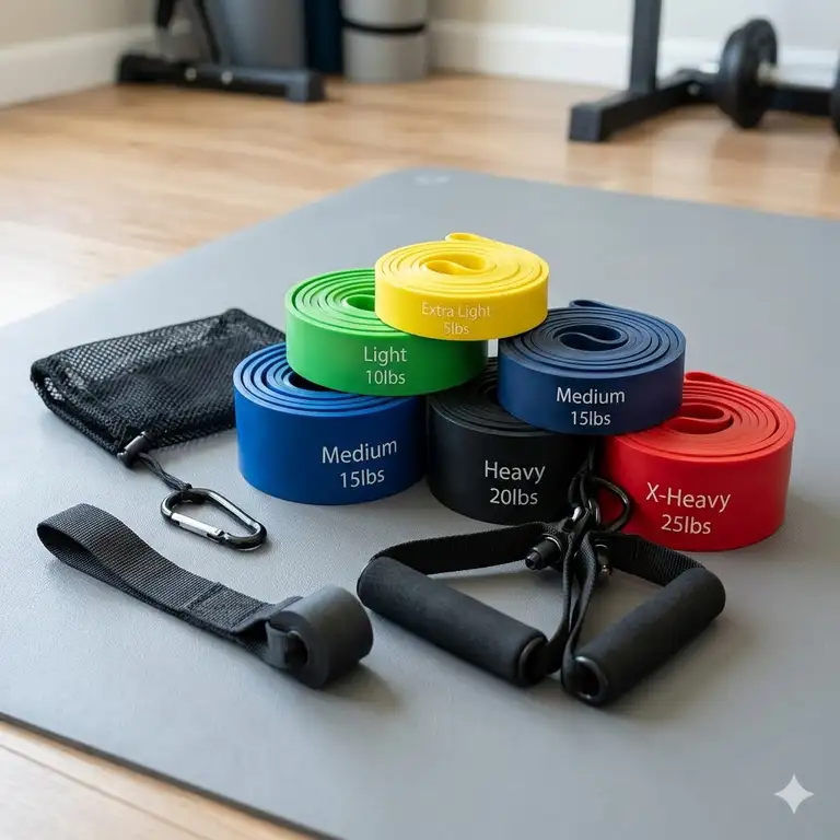 Featured Image: A professional gym set featuring high-quality natural latex resistance bands with handles and anchors.