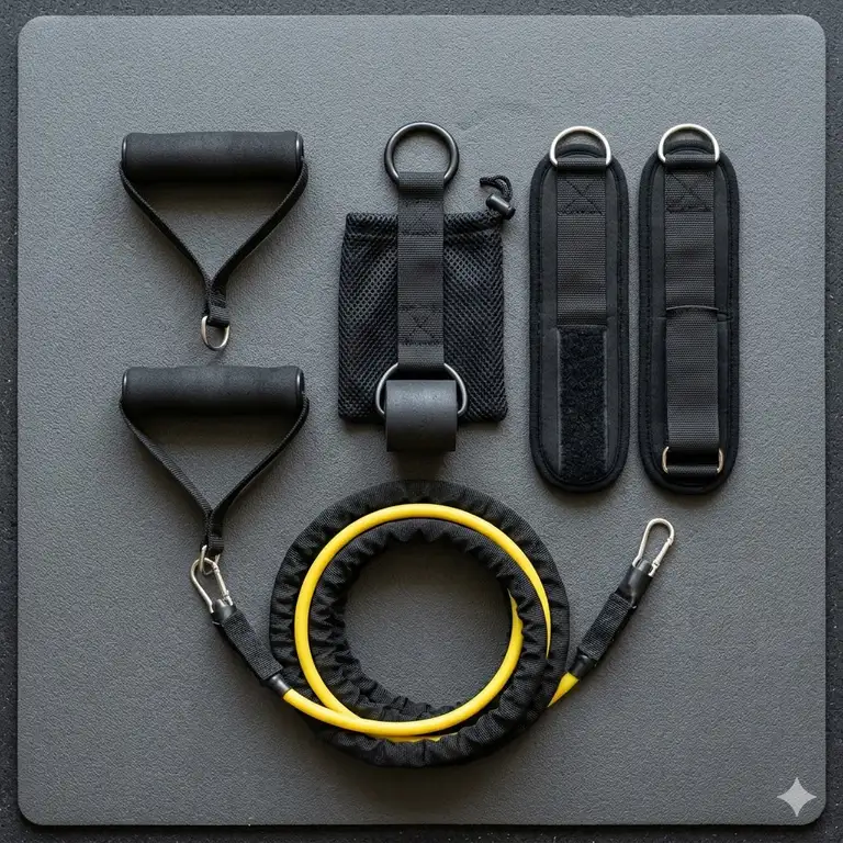 A complete professional set of resistance tube accessories including handles, straps, and anchors on a gym mat.