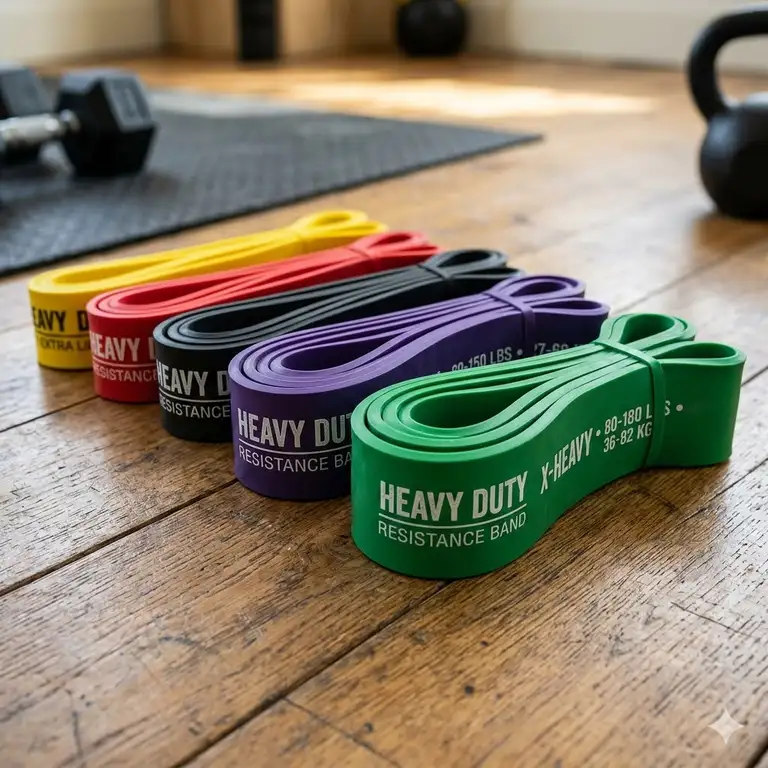 A professional set of various resistance levels of workout bands heavy duty displayed in a gym setting.