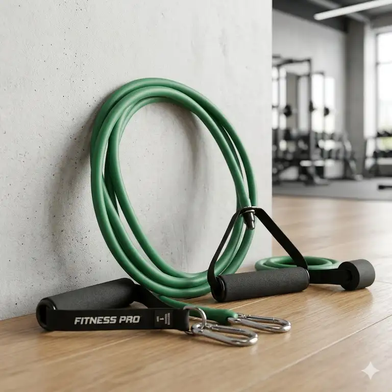 Professional fitness equipment featuring a high-quality green resistance tube with comfortable foam handles.