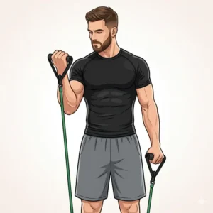 A man demonstrating proper form for bicep curls using a medium-strength green resistance tube.