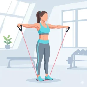 An illustration of a person performing arm exercises using light resistance bands for strength training.