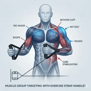Anatomical diagram showing upper body muscle activation when using exercise strap handles for cable workouts.