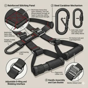 Close-up illustration showing the reinforced stitching and heavy-duty steel carabiners of workout straps with handles.
