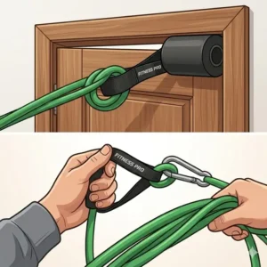 Detailed illustration of how to safely attach a green resistance tube to a home door anchor.