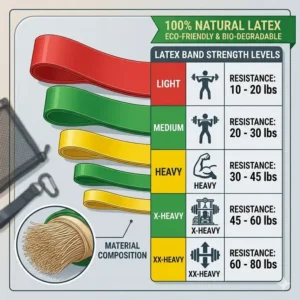 A comparison chart showing different strength levels available for natural latex resistance bands.