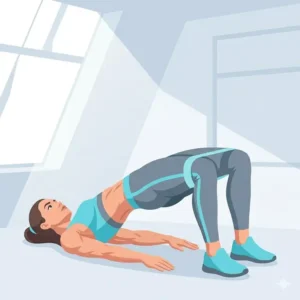 Digital drawing of an athlete doing glute bridges with light resistance bands positioned above the knees.