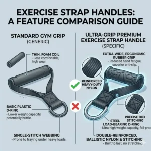 Feature comparison between standard gym grips and premium reinforced exercise strap handles.
