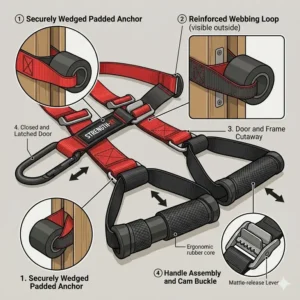 Illustration of a secure door anchor attachment for workout straps with handles used in a home gym setting.