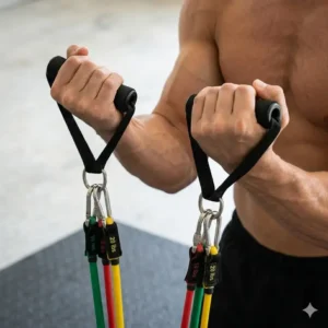 Athlete performing upper body curls using these versatile exercise bands with clips.
