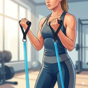 An athlete performing bicep curls using resistance bands and exercise tubing handles in a gym.