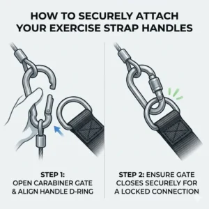 Step-by-step tutorial on how to securely attach exercise strap handles to a metal carabiner.