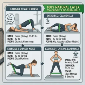 Athlete performing lower body exercises using heavy-duty natural latex resistance bands.