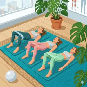 Illustration of a person performing glute bridges with light exercise bands looped above the knees.