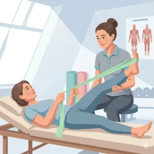 A physical therapy session showing a patient using light resistance bands for leg rehabilitation and stretching.