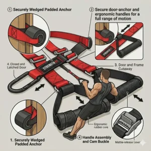 An athlete performing a suspension row using workout straps with handles to target back muscles.