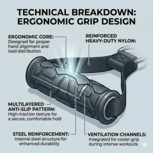Technical breakdown of the ergonomic honeycomb texture and internal steel core of exercise strap handles.